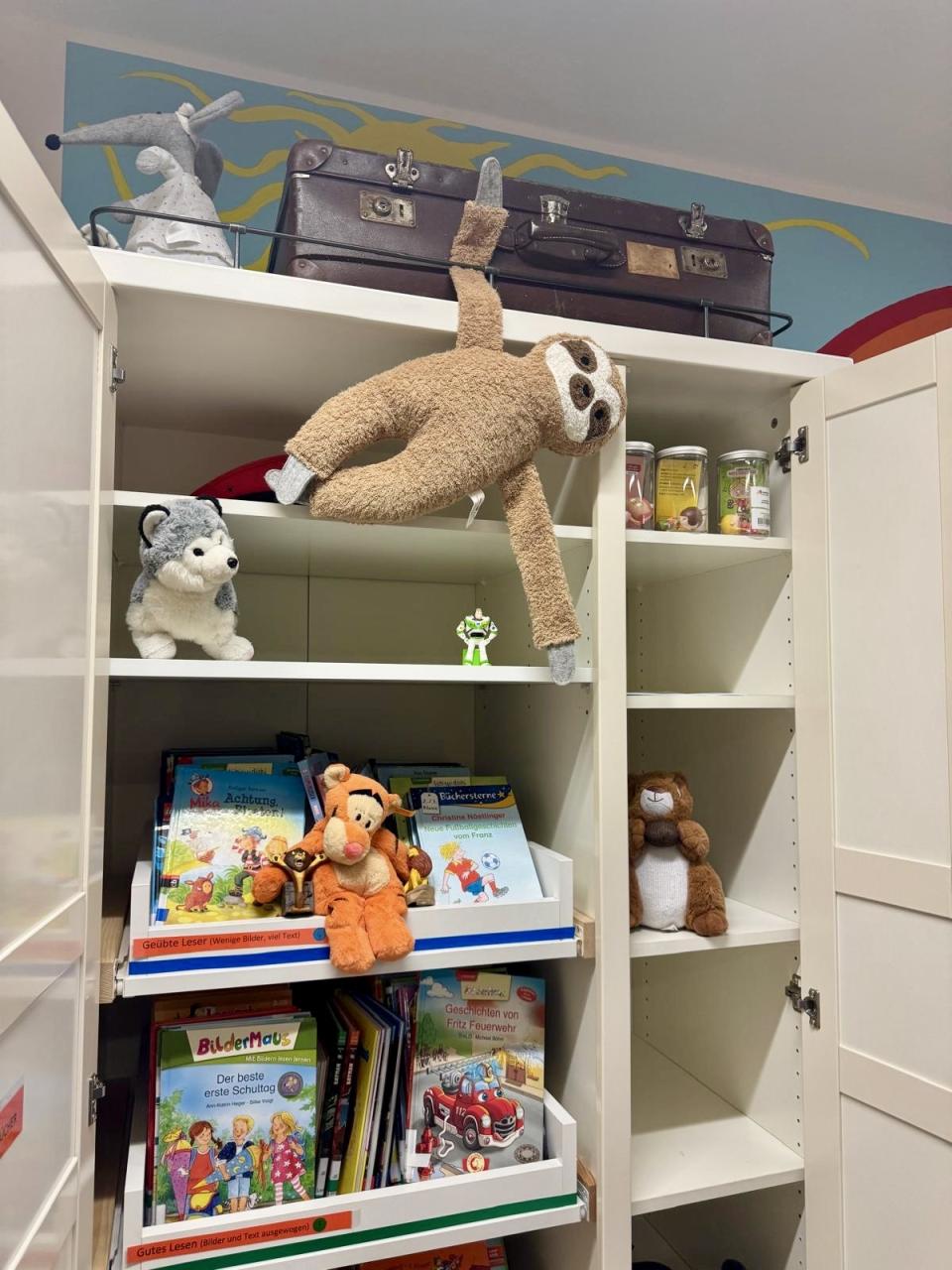 Kuscheltierübernachtungsparty Bücherschrank Faultier, Husky, Eichhörnche