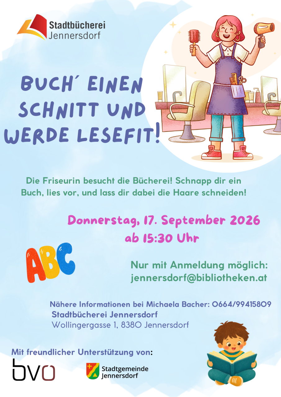 Plakat Buch´ einen Schnitt und werde lesefit! Stadtbücherei Jennersdorf 17 09 2026