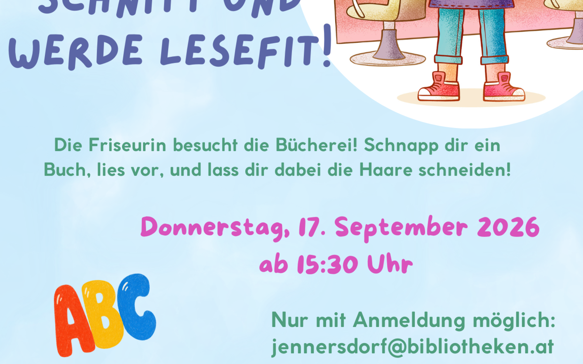 Plakat Buch´ einen Schnitt und werde lesefit! Stadtbücherei Jennersdorf 17 09 2026