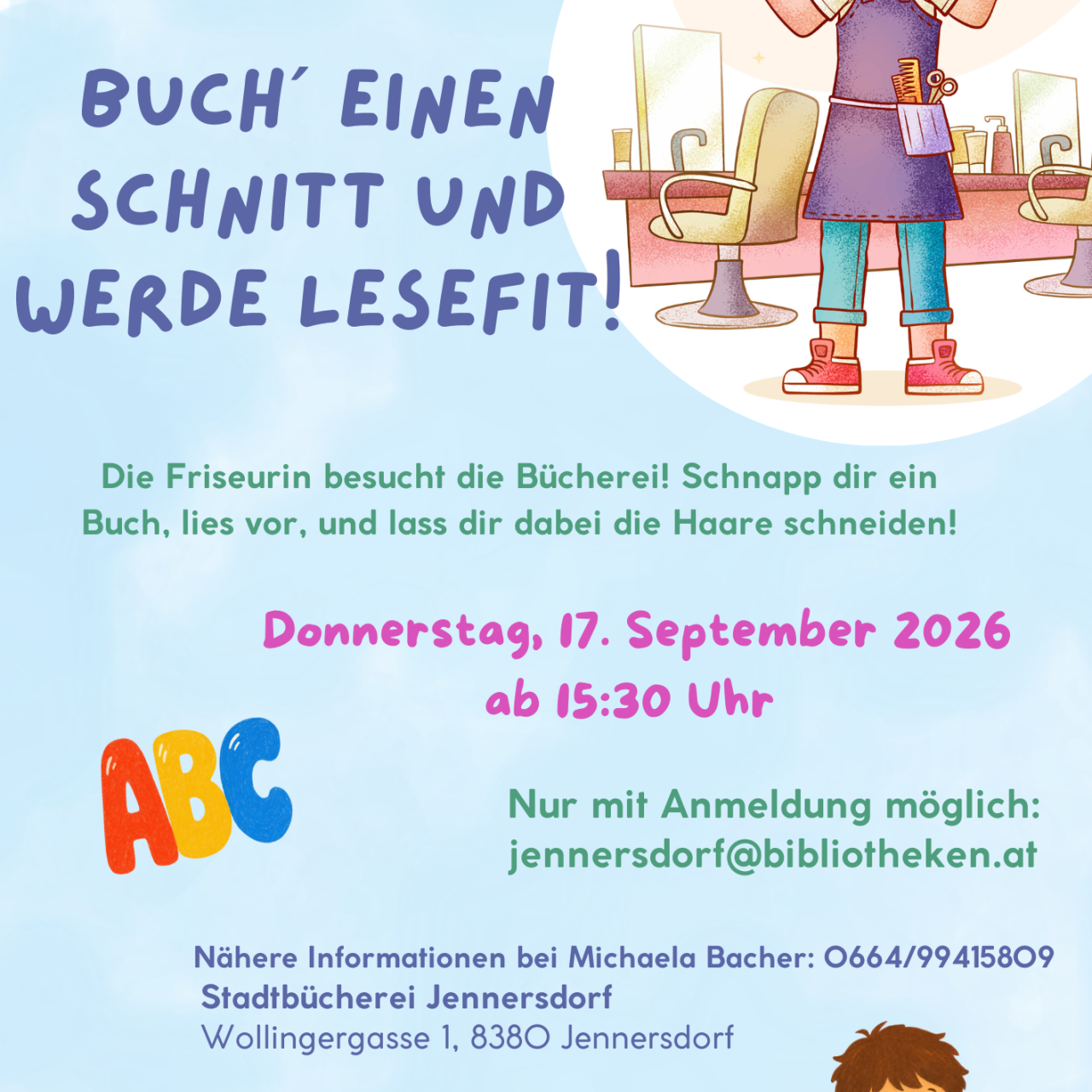 Plakat Buch´ einen Schnitt und werde lesefit! Stadtbücherei Jennersdorf 17 09 2026
